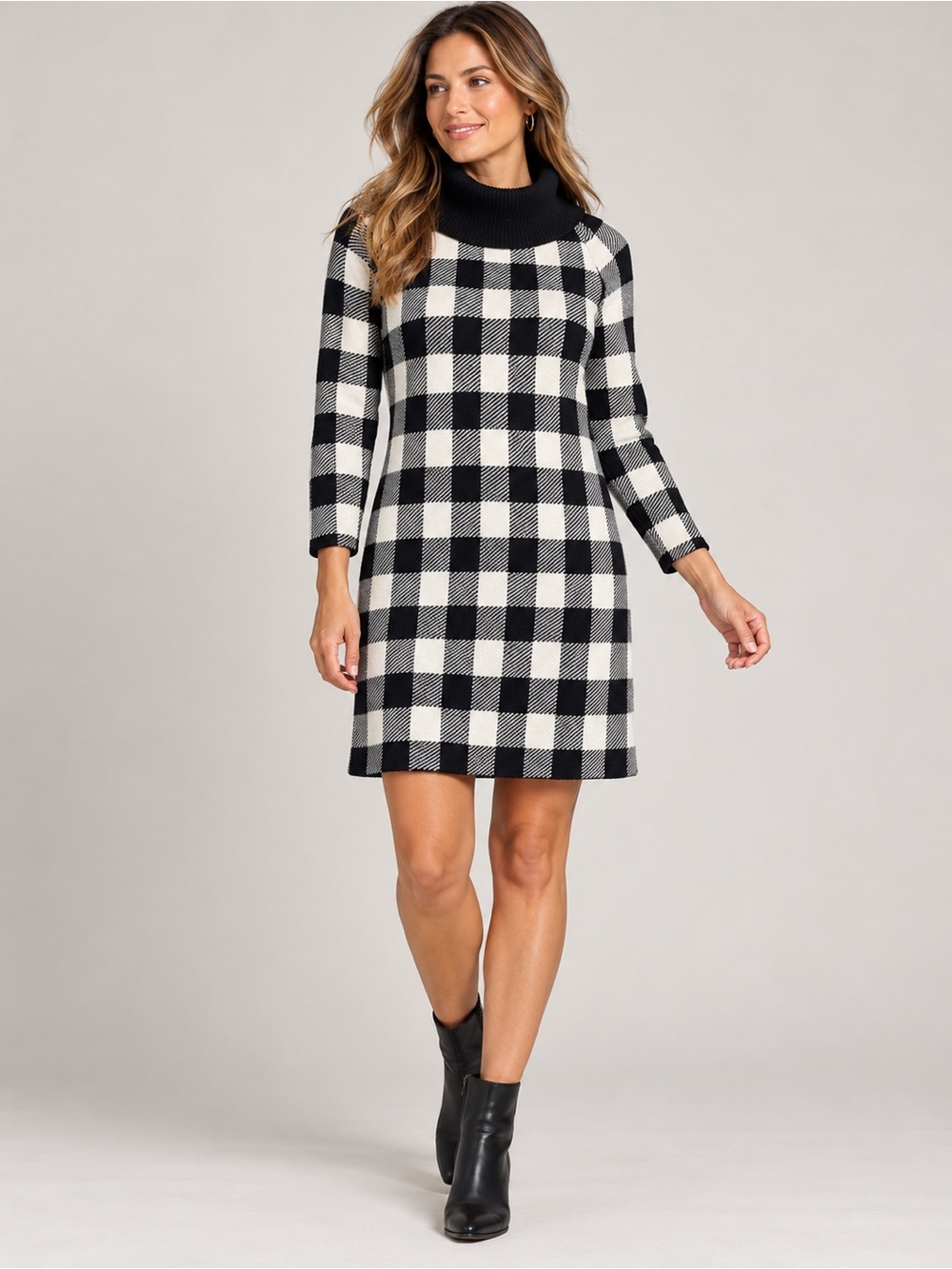 Talbots Black/White Buffalo Check Knit Dress with Fold-Over Cowl Collar, size S